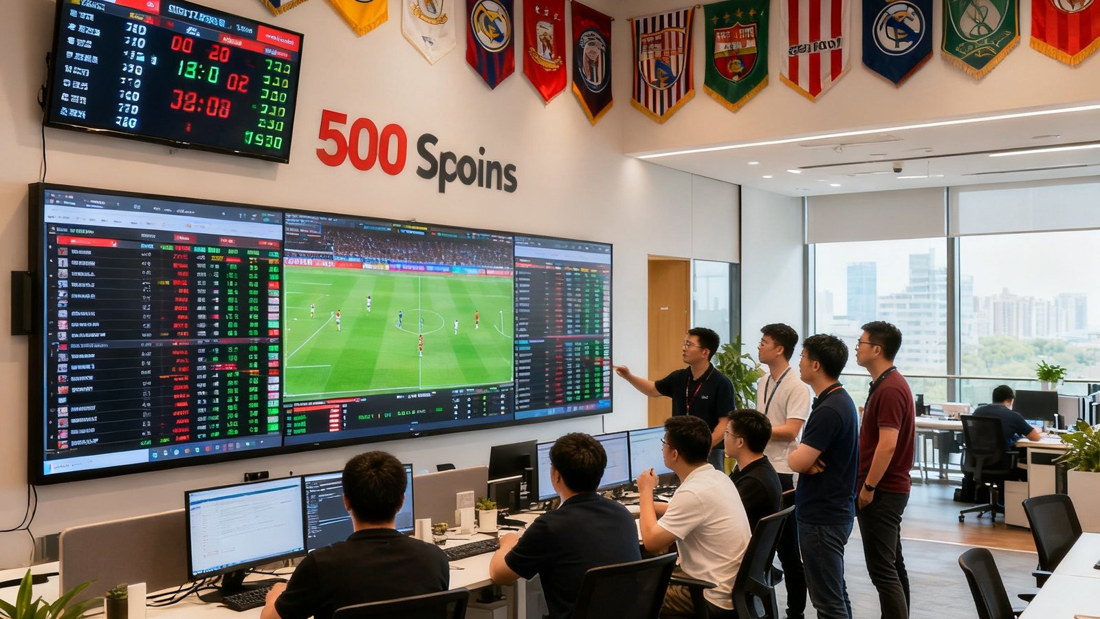 500比分上海总部开放式办公区实景，十几名员工围绕大型数据监控屏幕讨论赛事数据，墙上悬挂多面足球俱乐部旗和实时比分显示屏